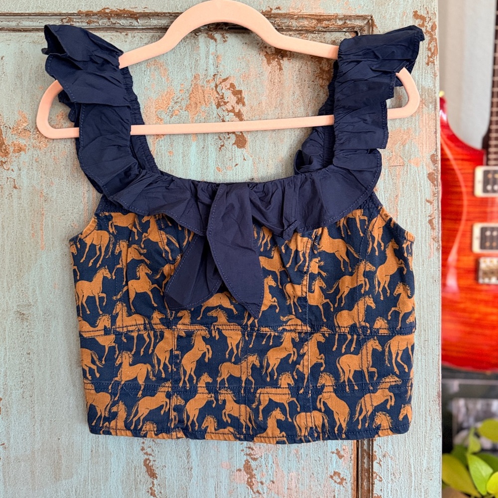 Maeve Flutter-Sleeve Horse Print Crop Top Anthropologie Size S NWT